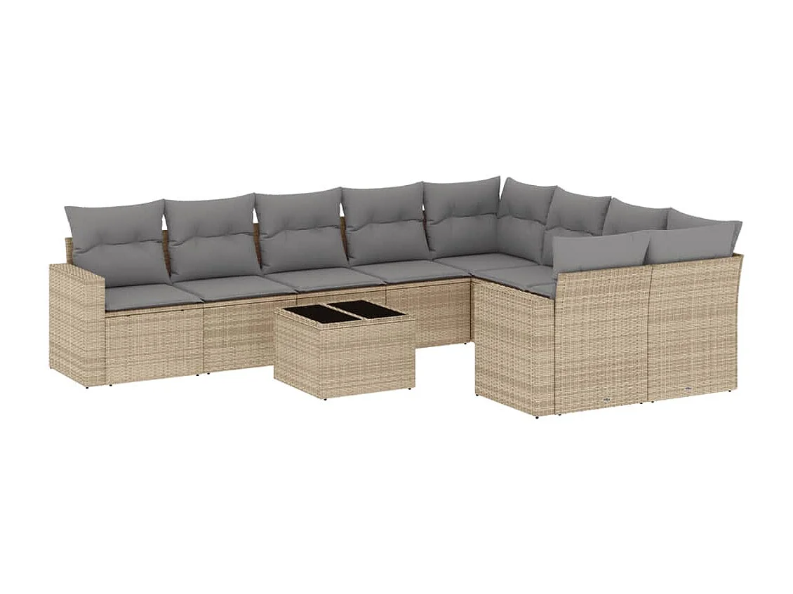 Salon de jardin avec coussins 10 pcs beige résine tressée