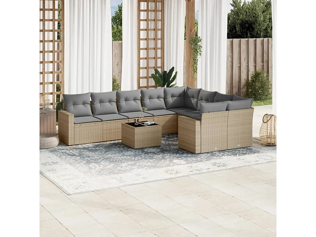 Salon de jardin avec coussins 10 pcs beige résine tressée