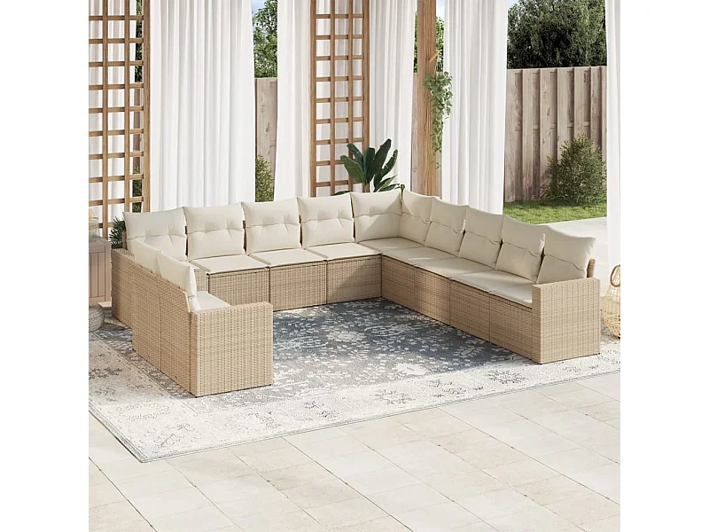 Salon de jardin 11 pcs avec coussins beige résine tressée
