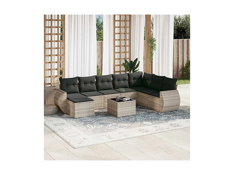Muebles de jardín de 9 piezas con cojines de resina tejida en gris claro.