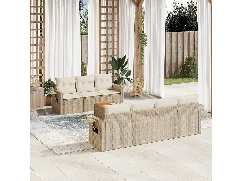 Salon de jardin avec coussins 8 pcs beige résine tressée