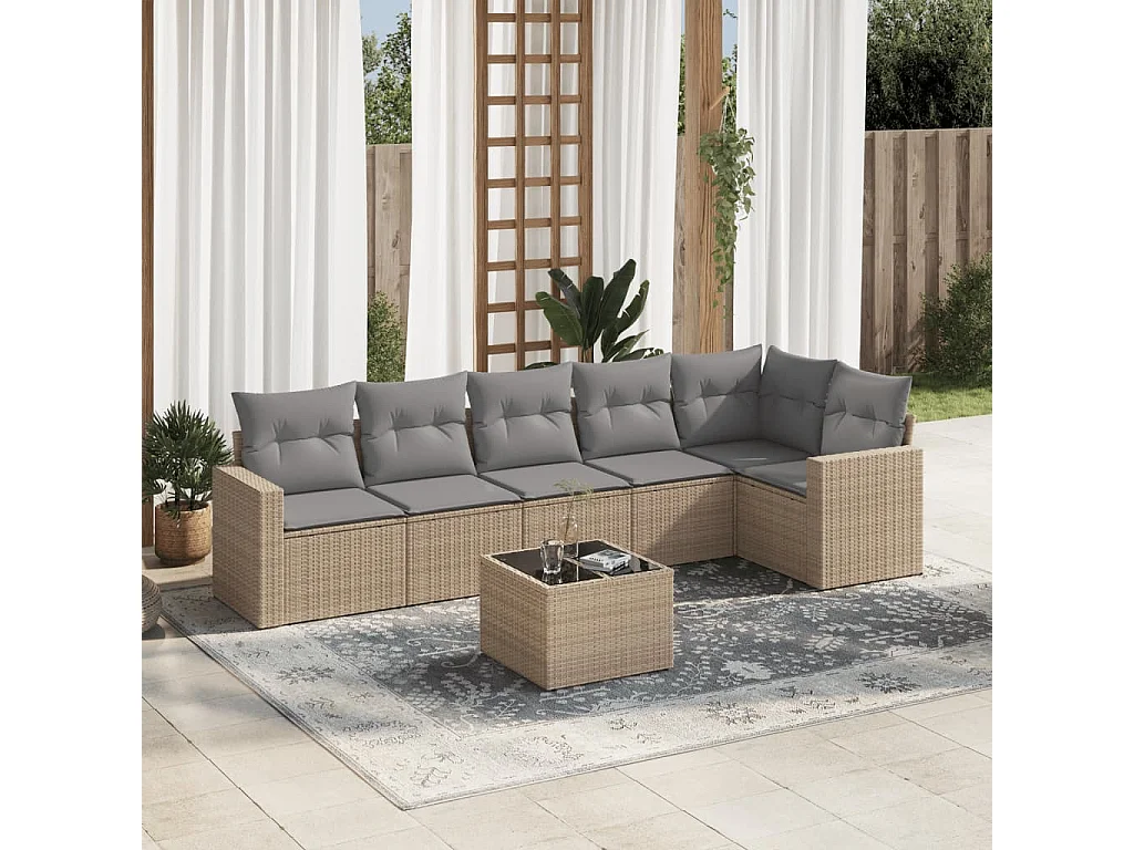 Mobile da giardino con cuscini 7 pz in resina intrecciata beige