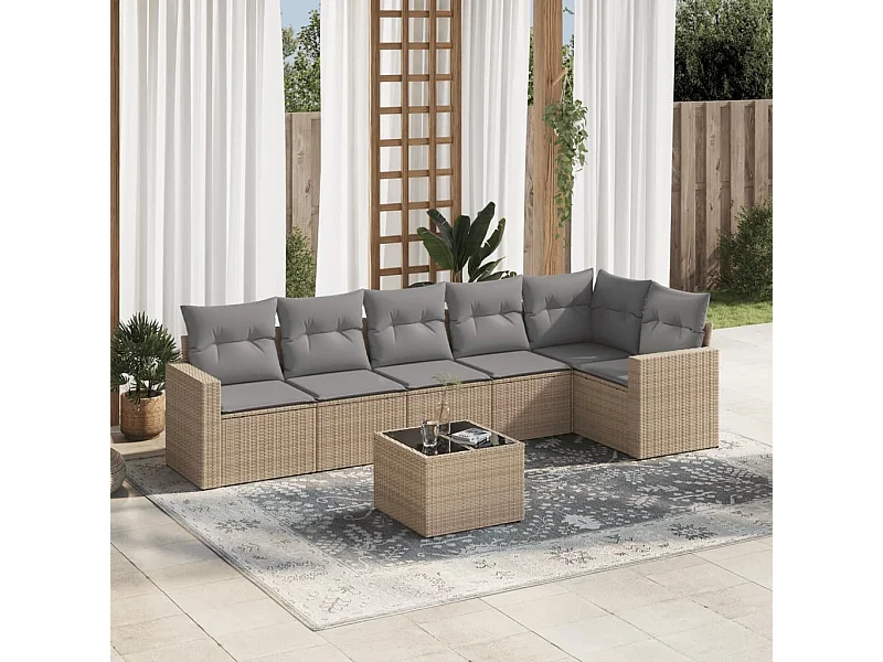 Mobile da giardino con cuscini 7 pz in resina intrecciata beige