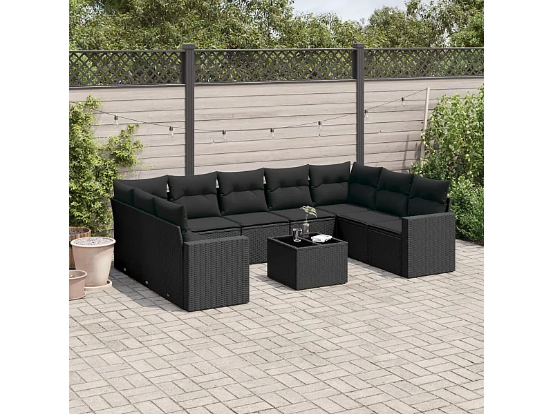 Muebles de jardín 10 piezas con cojines de resina tejida negra.