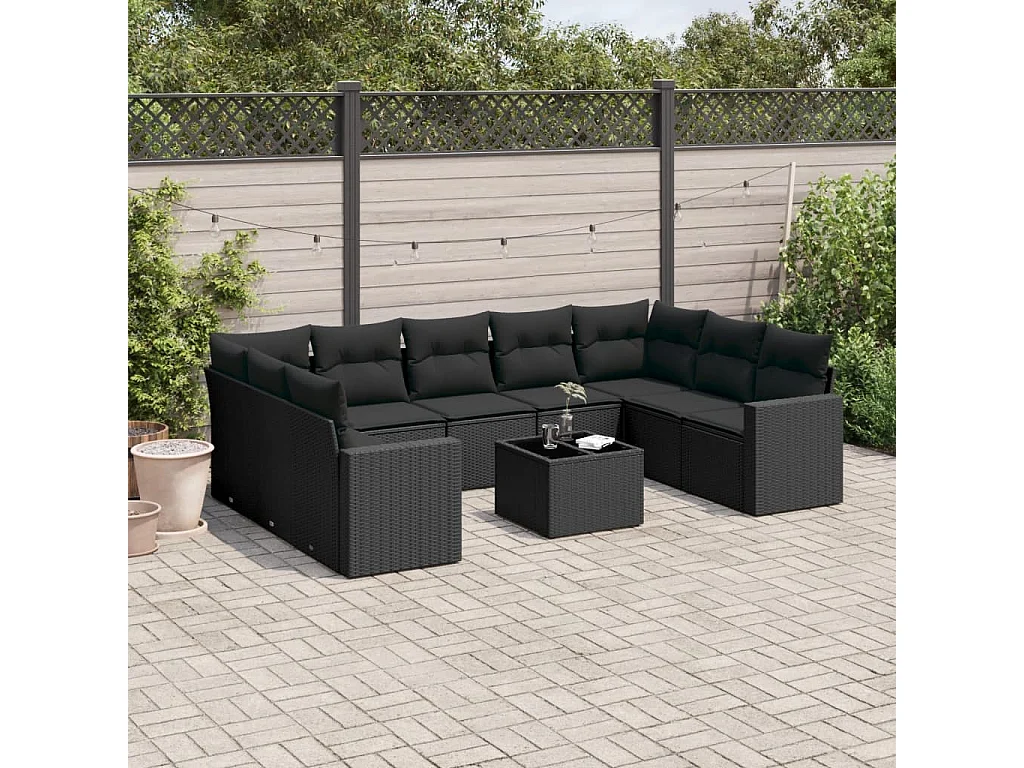 Muebles de jardín 10 piezas con cojines de resina tejida negra.