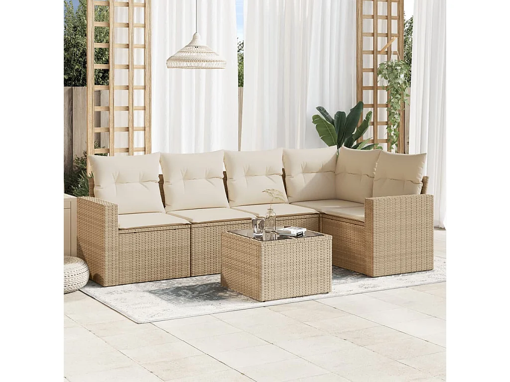 Mobile da giardino con cuscini 6 pz in resina intrecciata beige