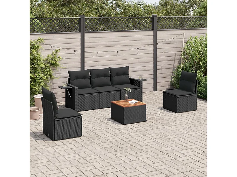 Salon de jardin 6 pcs avec coussins noir résine tressée