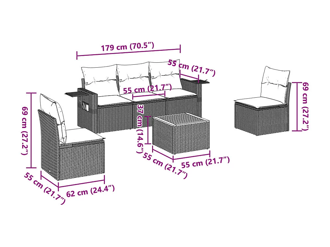 Mobili da giardino 6 pezzi con cuscini in resina intrecciata nera