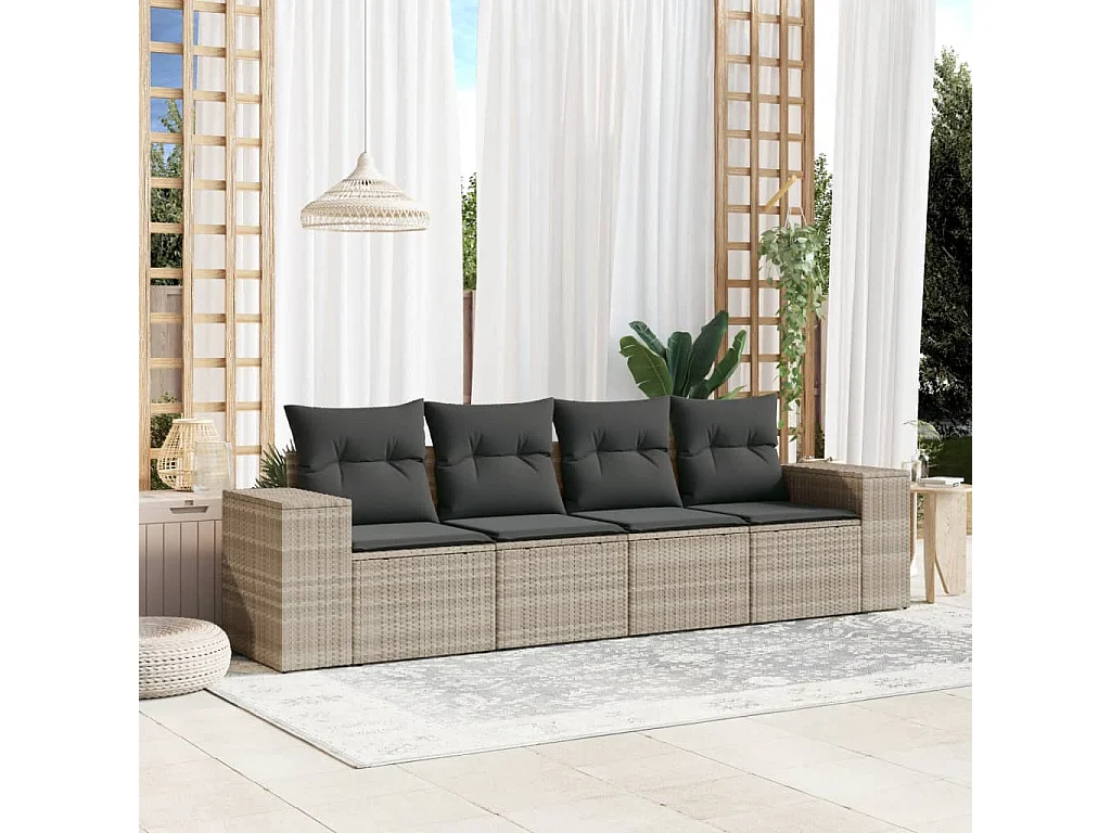 Salon de jardin 4 pcs avec coussins gris clair résine tressée