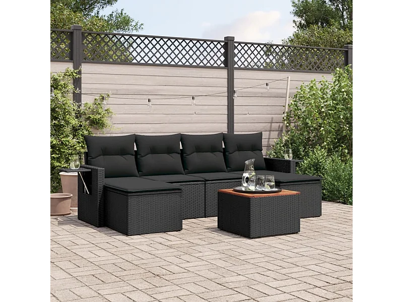Salon de jardin 7 pcs avec coussins noir résine tressée