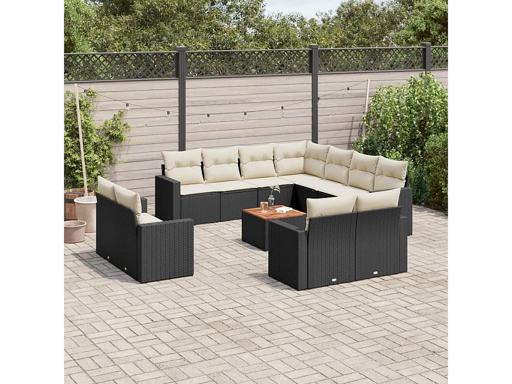 Salon de jardin avec coussins 13 pcs noir résine tressée