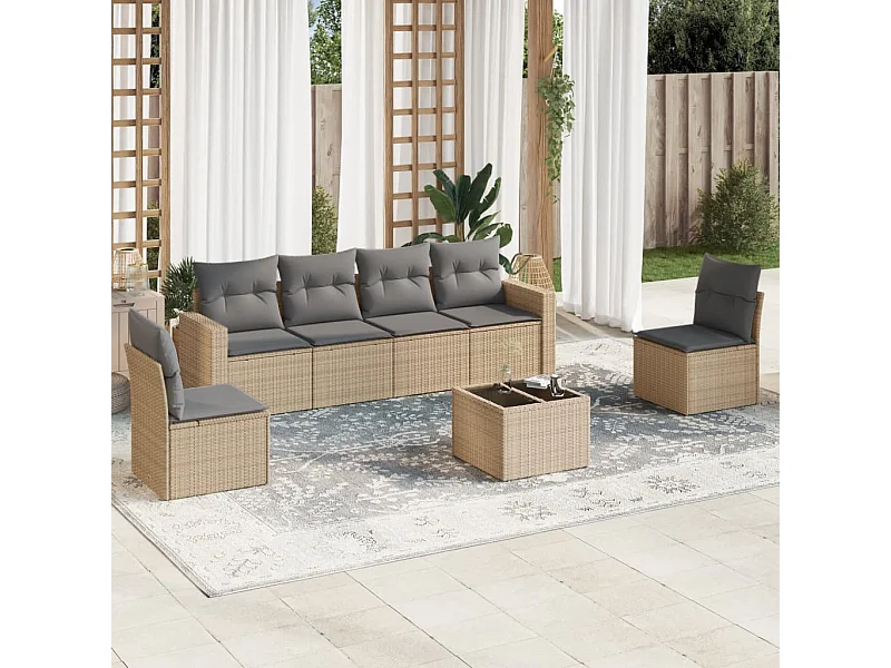Salon de jardin avec coussins 7 pcs beige résine tressée