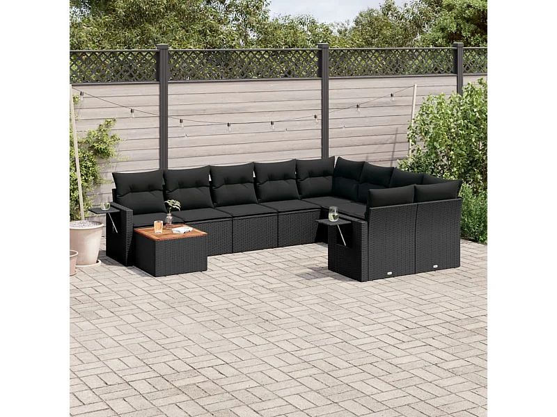 Salon de jardin 10 pcs avec coussins noir résine tressée