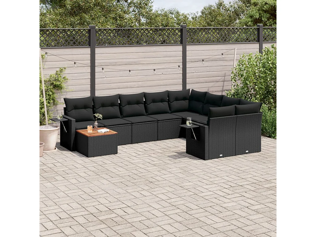 Salon de jardin 10 pcs avec coussins noir résine tressée
