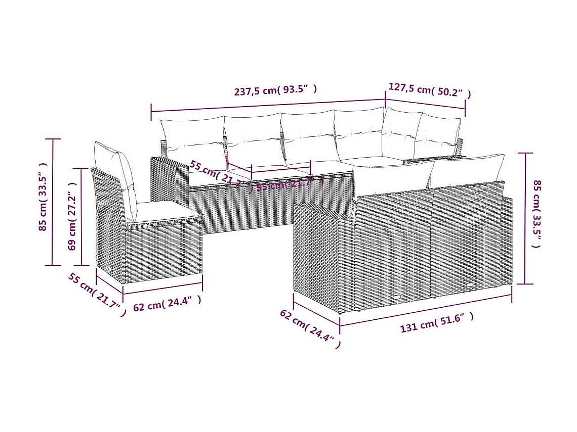 Mobile da giardino con cuscini 8 pz in resina intrecciata beige
