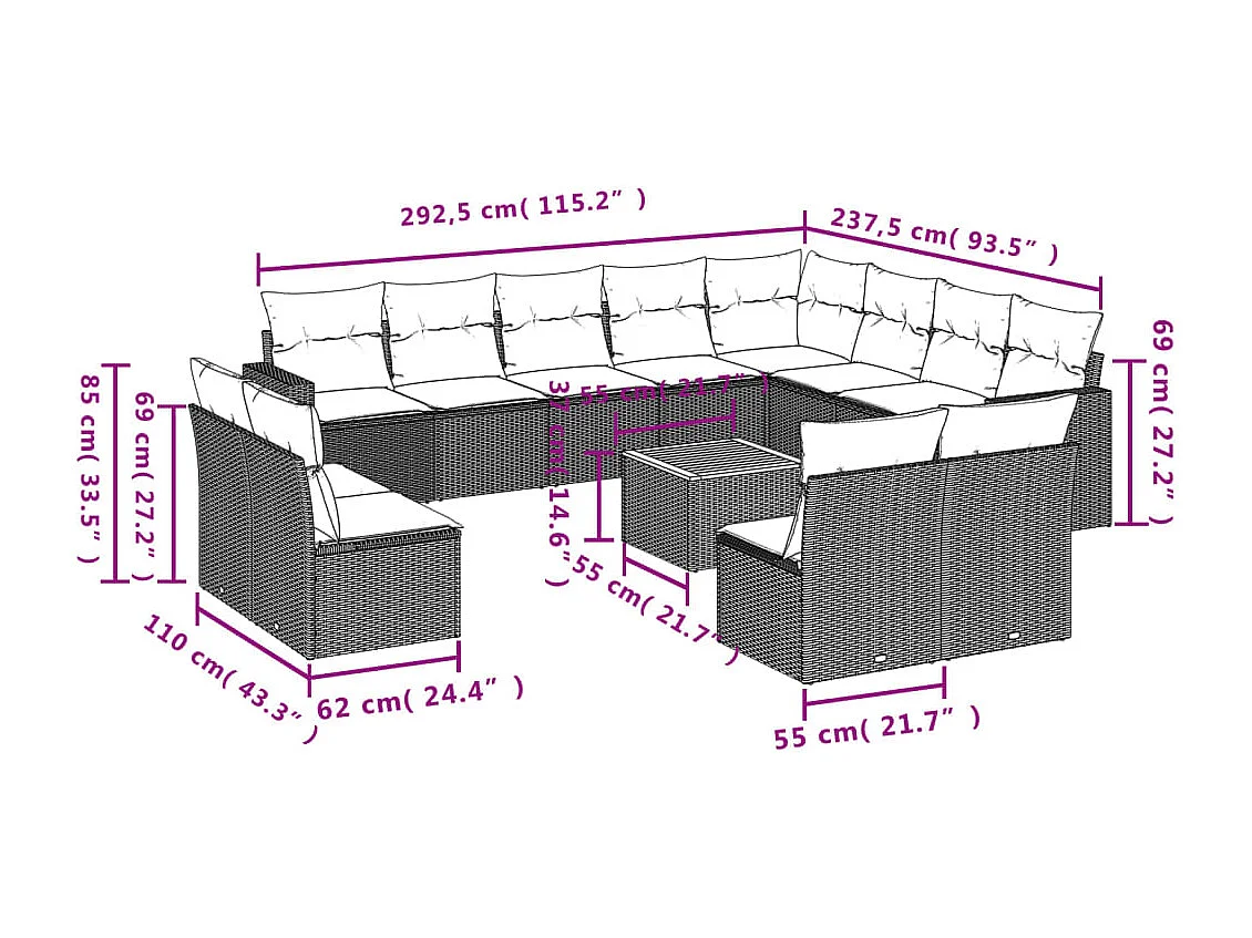 Salon de jardin avec coussins 13 pcs beige résine tressée