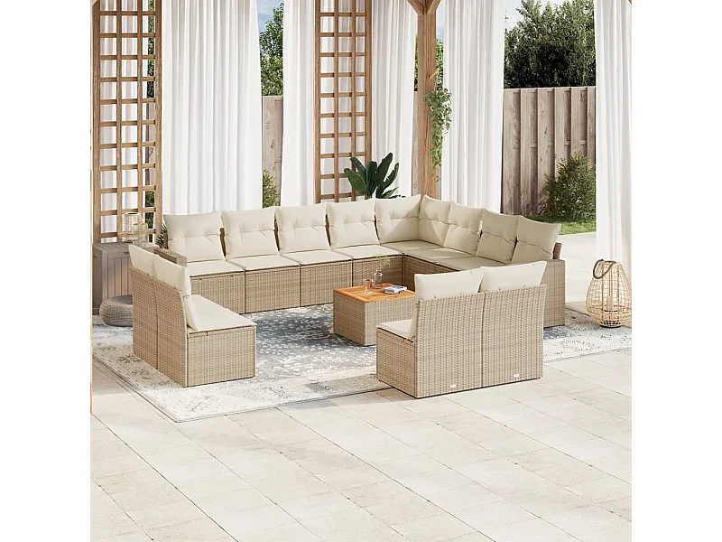 Salon de jardin avec coussins 13 pcs beige résine tressée