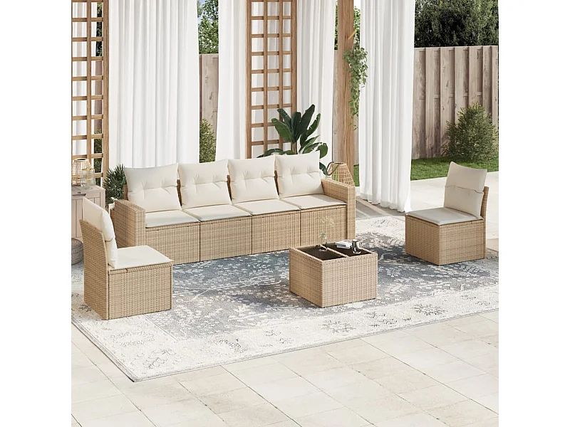 Salon de jardin avec coussins 7 pcs beige résine tressée