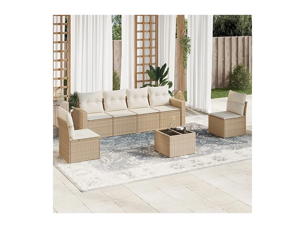 Salon de jardin avec coussins 7 pcs beige résine tressée