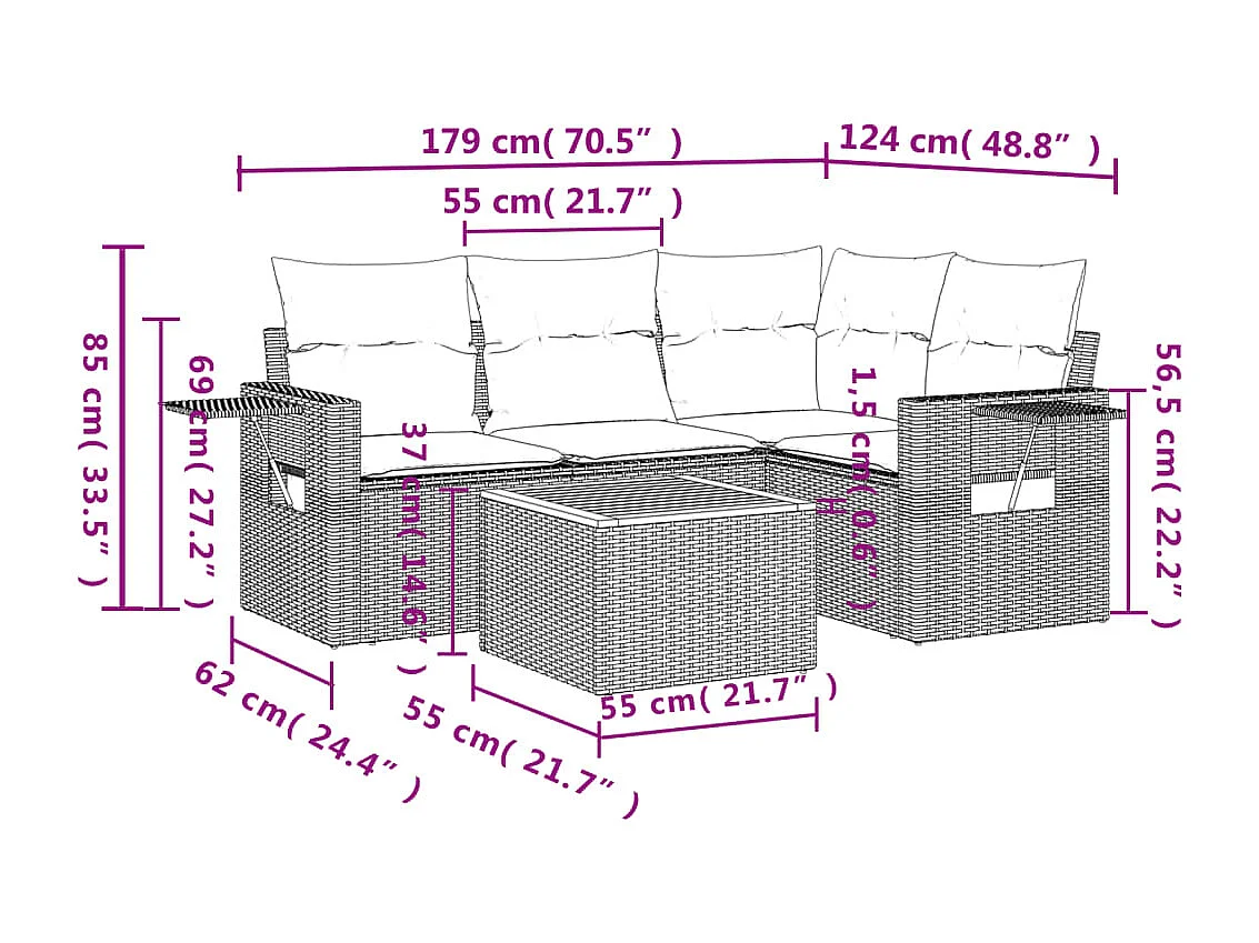 Salon de jardin avec coussins 5 pcs beige résine tressée