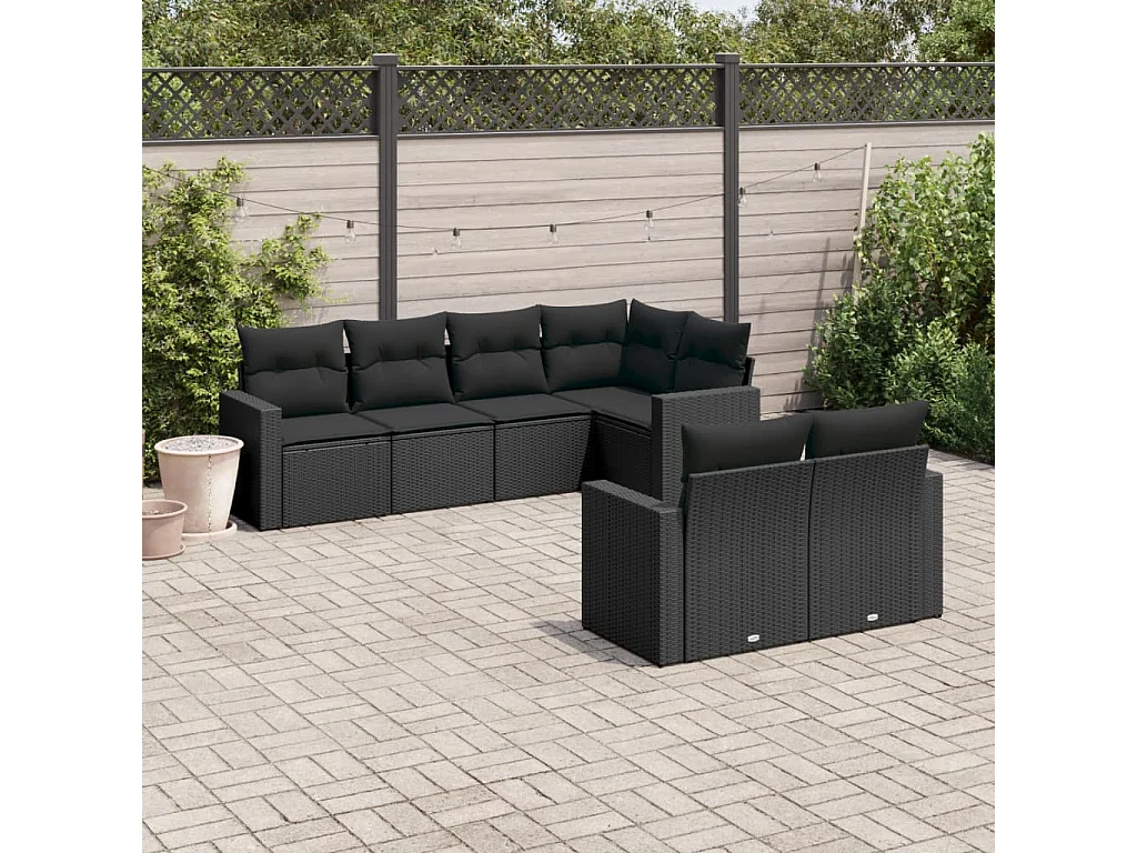 Mobili da giardino 7 pezzi con cuscini in resina intrecciata nera