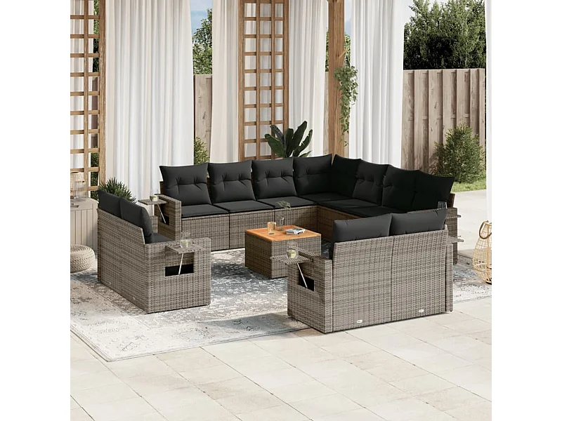 Muebles de jardín con cojines 12 piezas resina tejida gris.