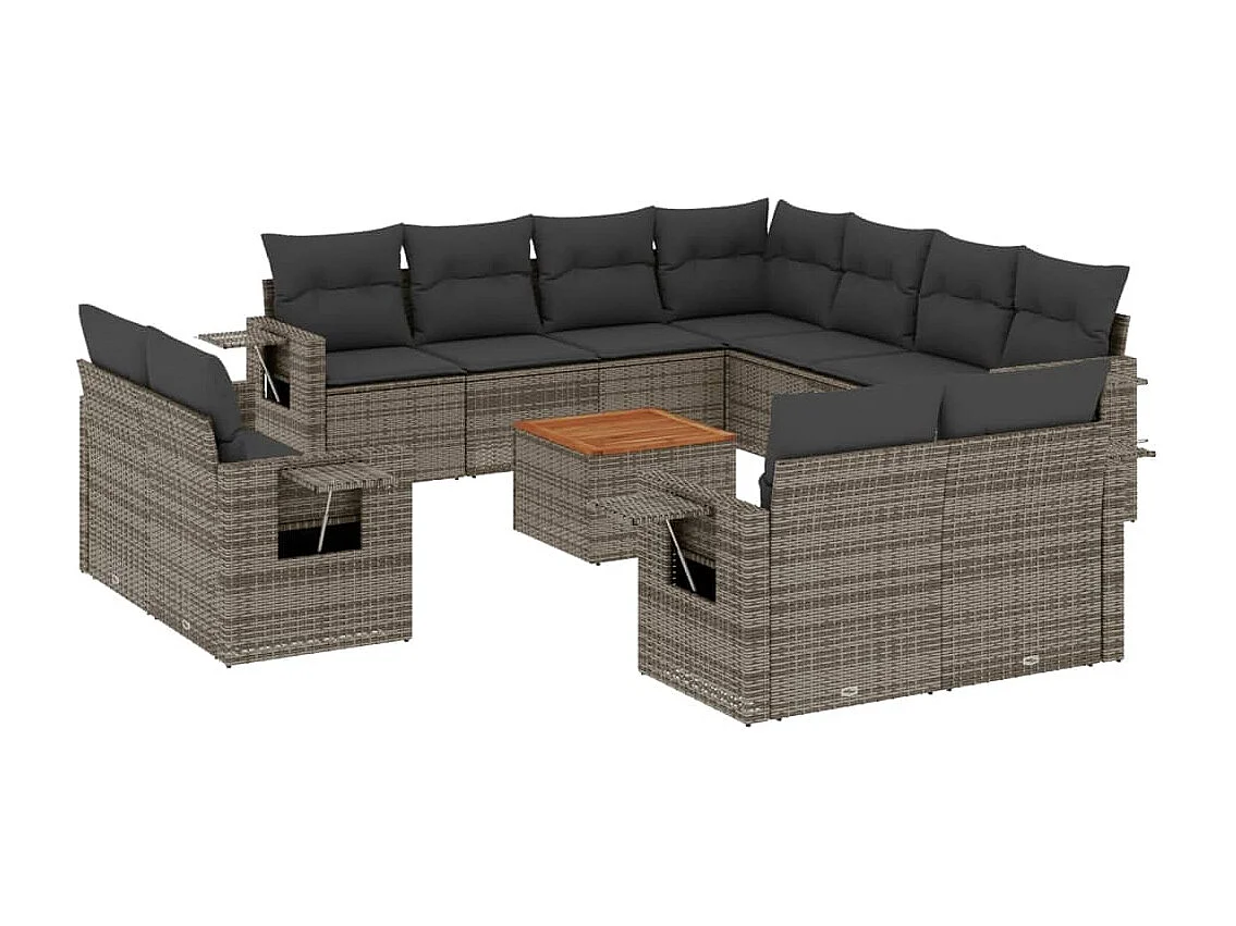 Salon de jardin avec coussins 12 pcs gris résine tressée