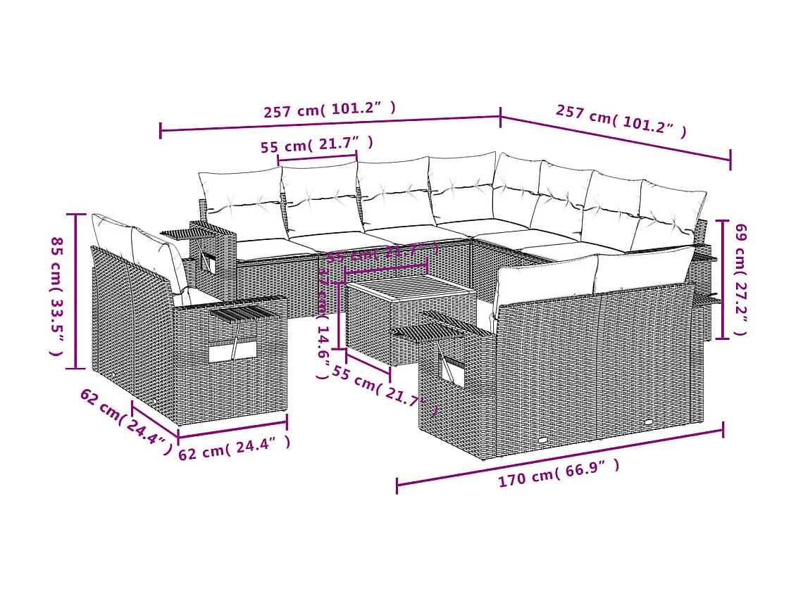Salon de jardin avec coussins 12 pcs gris résine tressée