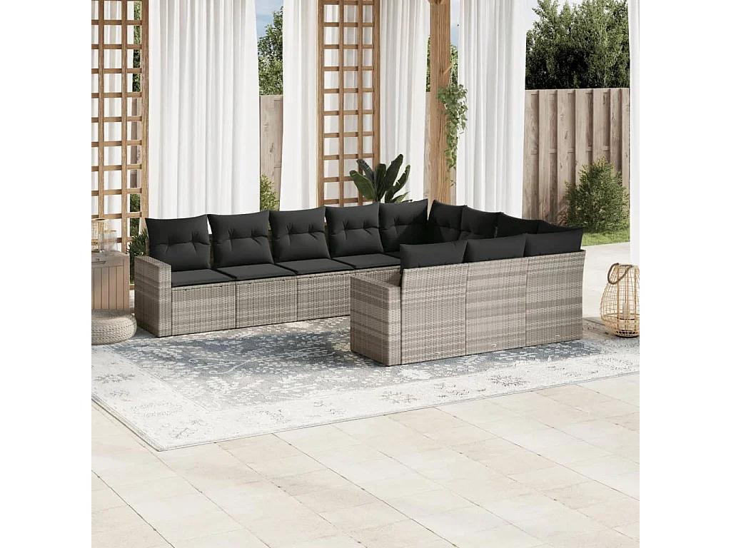 Salon de jardin avec coussins 10 pcs gris clair résine tressée