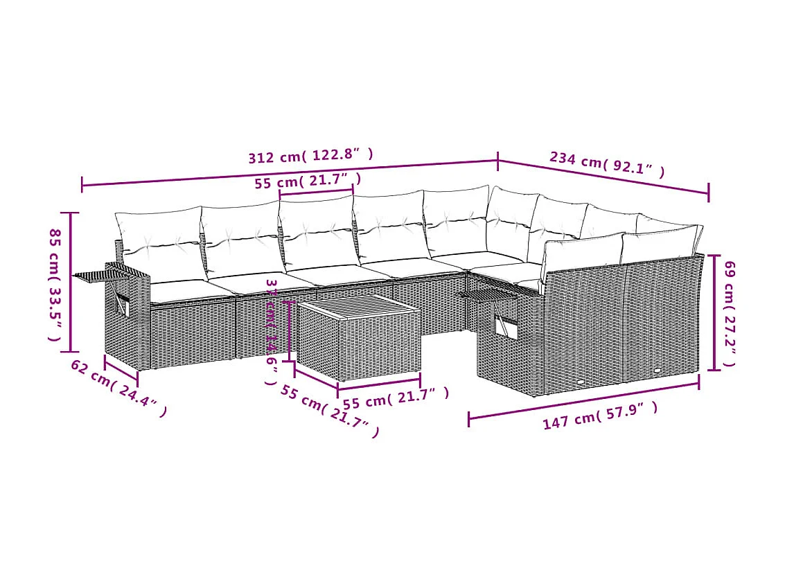 Salon de jardin avec coussins 10 pcs gris résine tressée