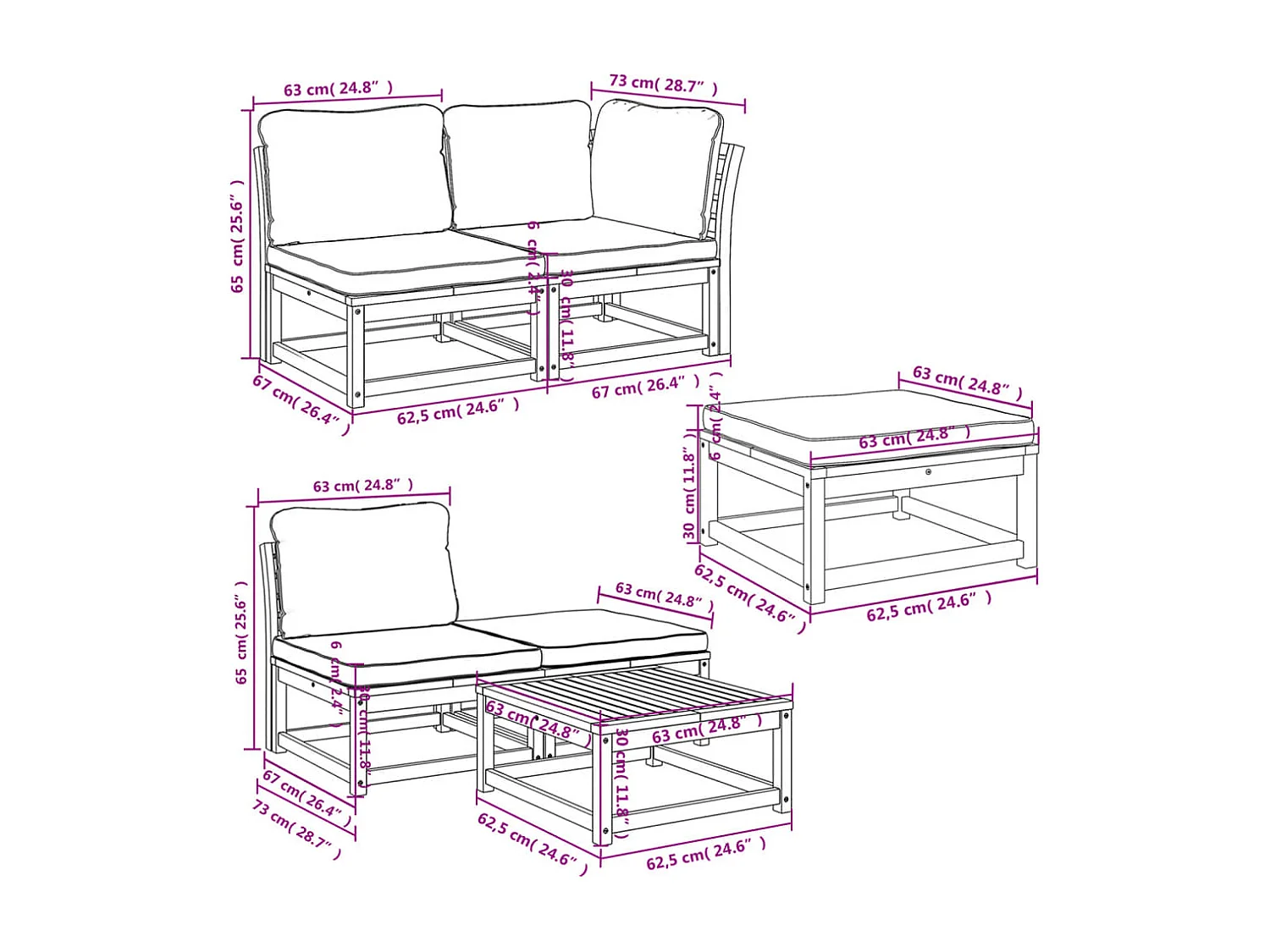 Salon de jardin 6 pcs avec coussins bois d'acacia solide