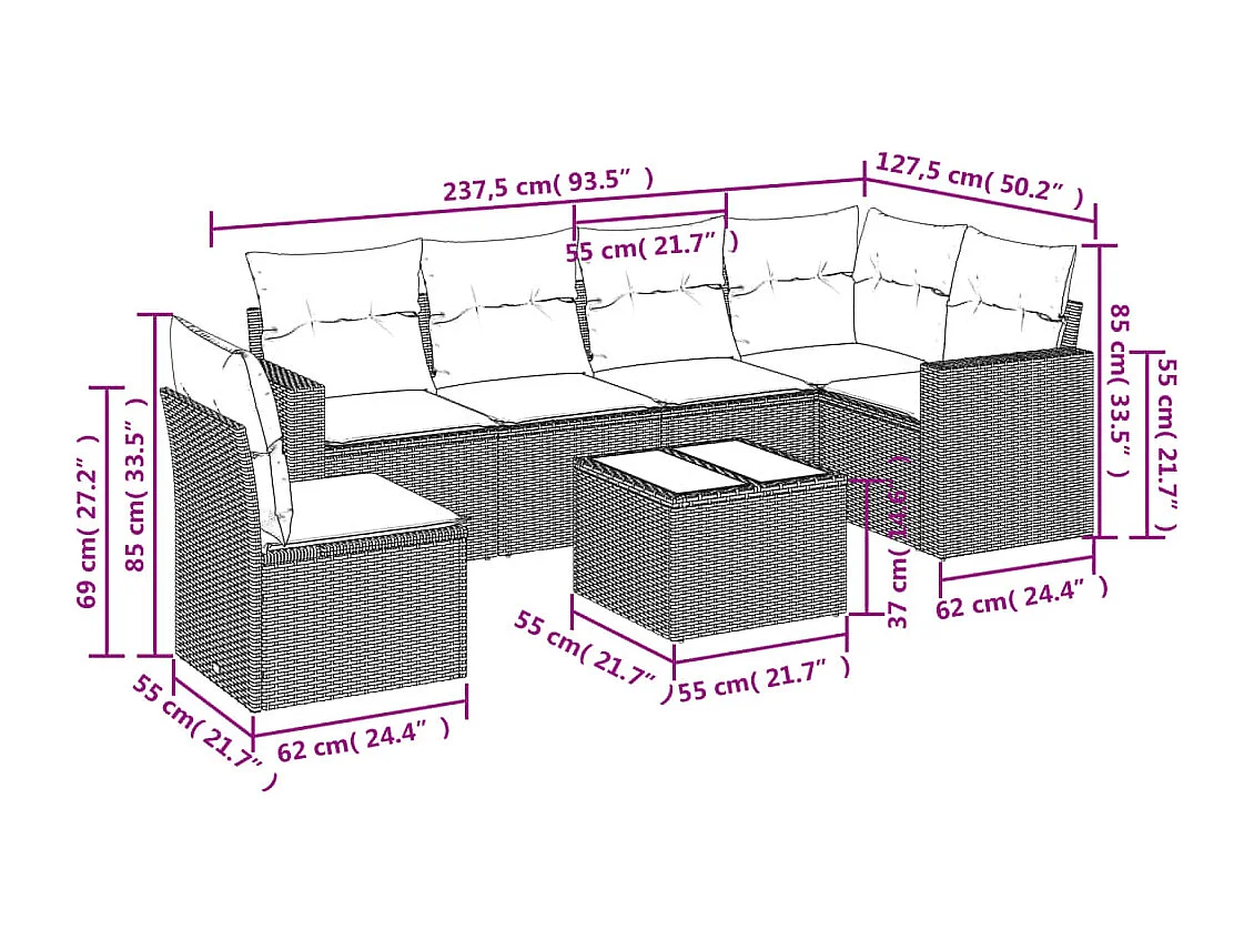 Muebles de jardín con cojines 7 piezas de resina tejida gris claro.