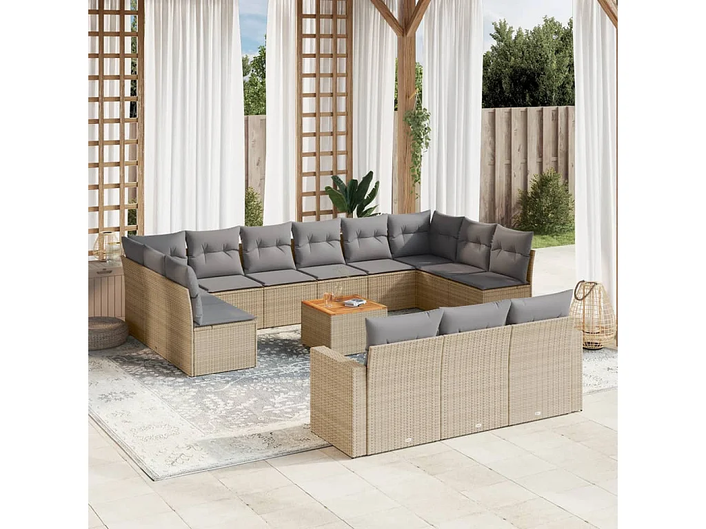 Mobile da giardino con cuscini 14 pz in resina intrecciata beige