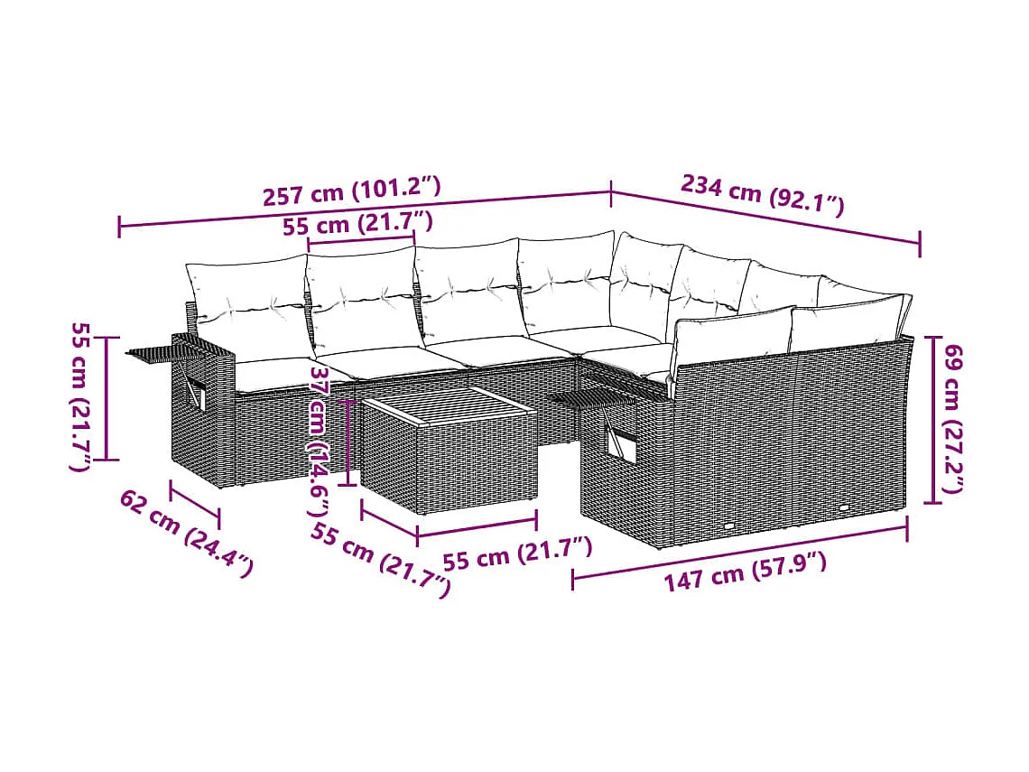 Salon de jardin 9 pcs avec coussins gris résine tressée