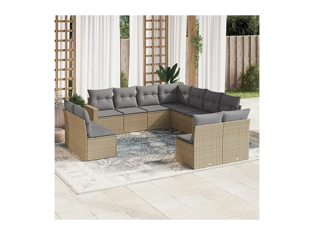 Salon de jardin 11 pcs avec coussins beige résine tressée