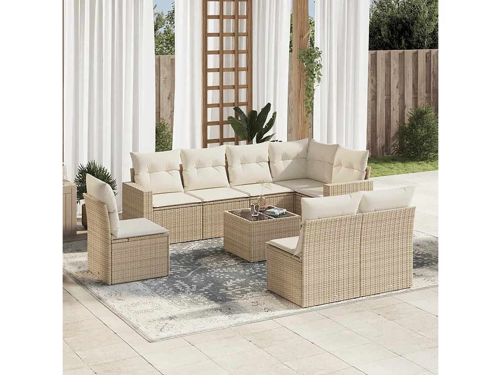 Mobile da giardino con cuscini 9 pz in resina intrecciata beige