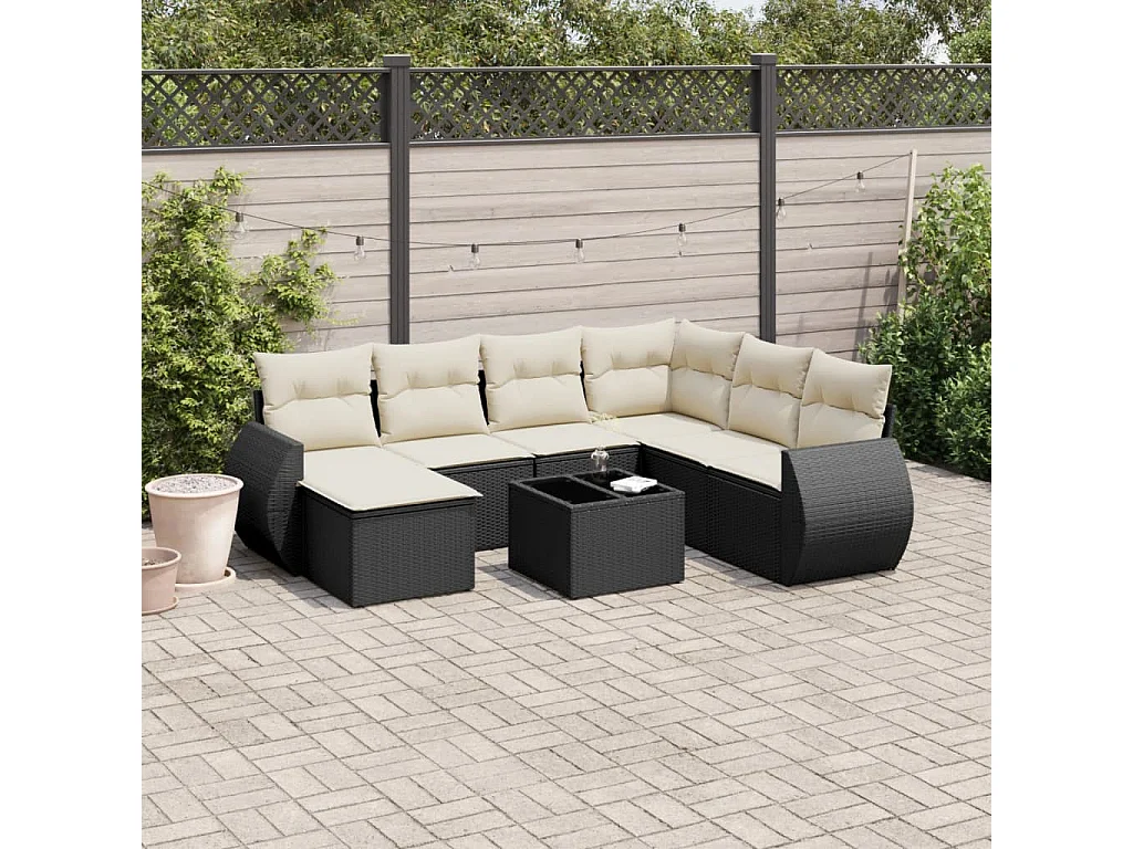 Salon de jardin 8 pcs avec coussins noir résine tressée