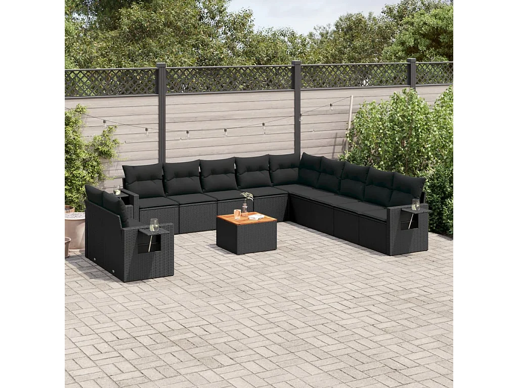 Salon de jardin 12 pcs avec coussins noir résine tressée