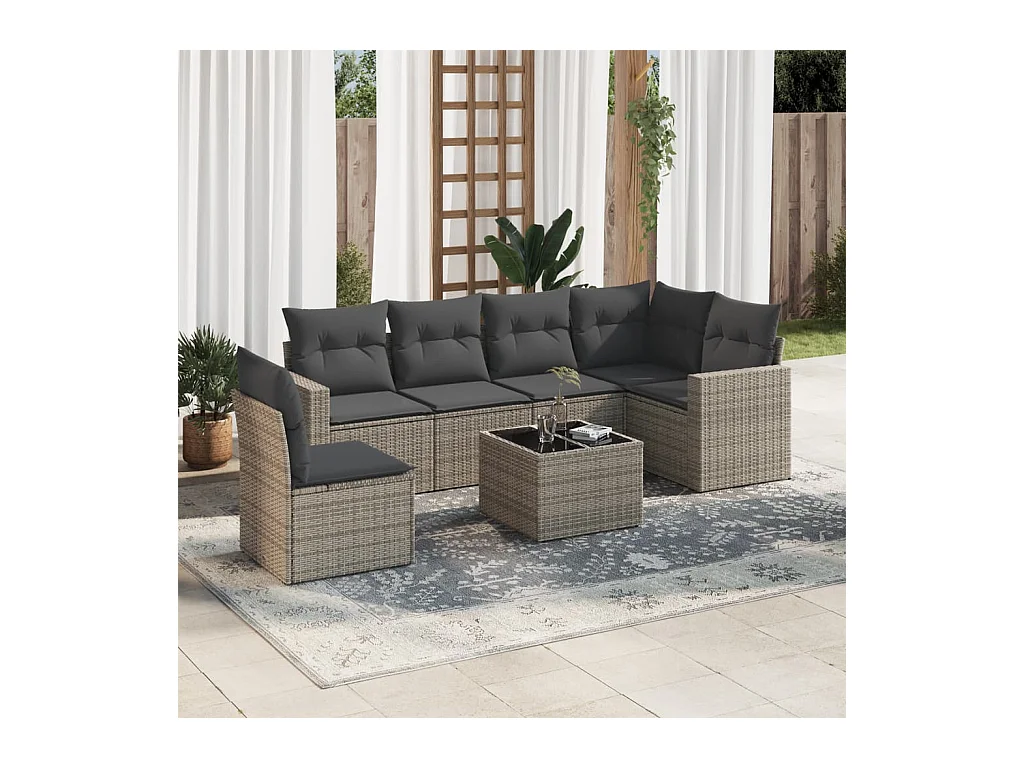 Salon de jardin avec coussins 7 pcs gris résine tressée
