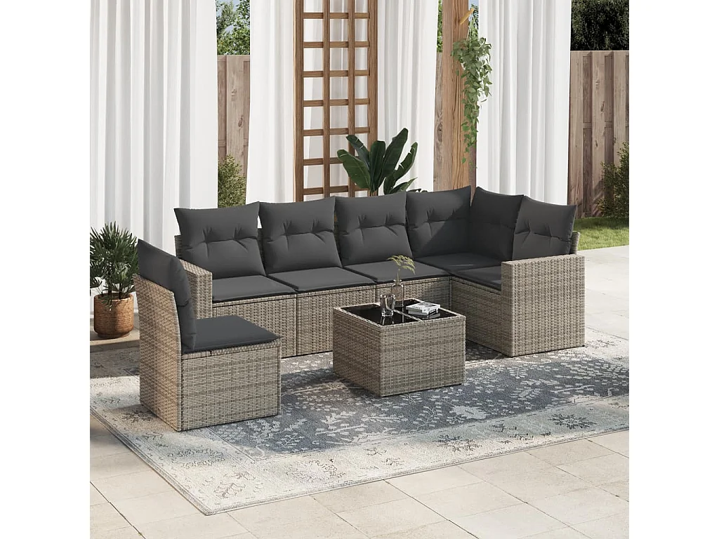 Mobile da giardino con cuscini 7 pezzi in resina intrecciata grigia