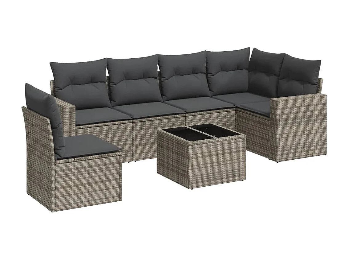Mobile da giardino con cuscini 7 pezzi in resina intrecciata grigia