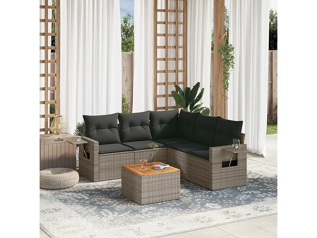 Muebles de jardín de 6 piezas con cojines de resina tejida gris.