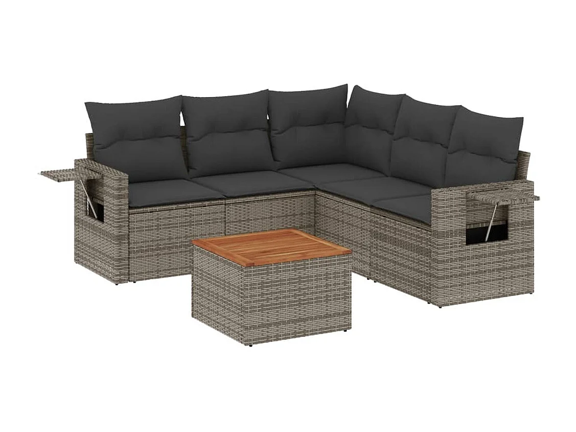 Muebles de jardín de 6 piezas con cojines de resina tejida gris.