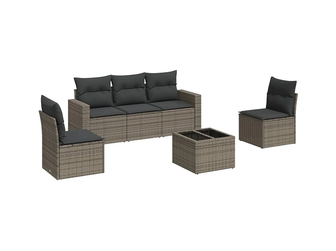 Salon de jardin 6 pcs avec coussins gris résine tressée