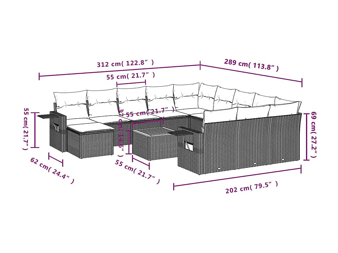 Salon de jardin avec coussins 13 pcs noir résine tressée