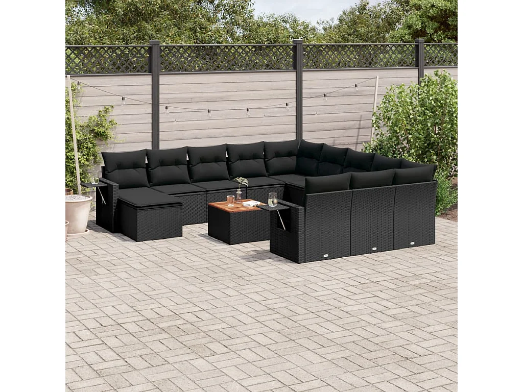 Salon de jardin avec coussins 13 pcs noir résine tressée