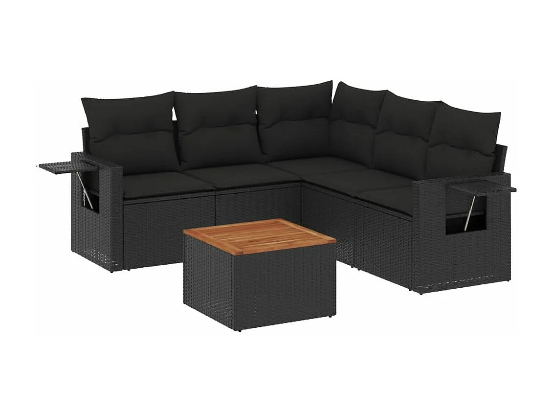Salon de jardin 6 pcs avec coussins noir résine tressée