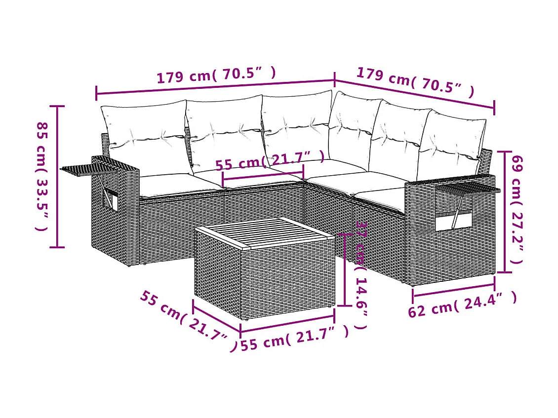 Muebles de jardín de 6 piezas con cojines de resina tejida en negro.