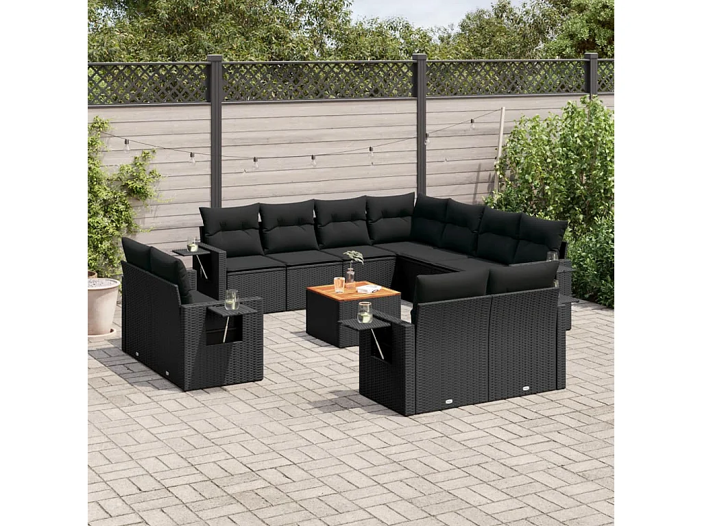 Salon de jardin 12 pcs avec coussins noir résine tressée