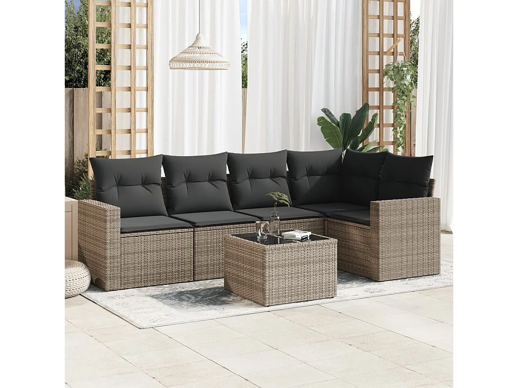 Mobili da giardino 6 pezzi con cuscini in resina intrecciata grigia